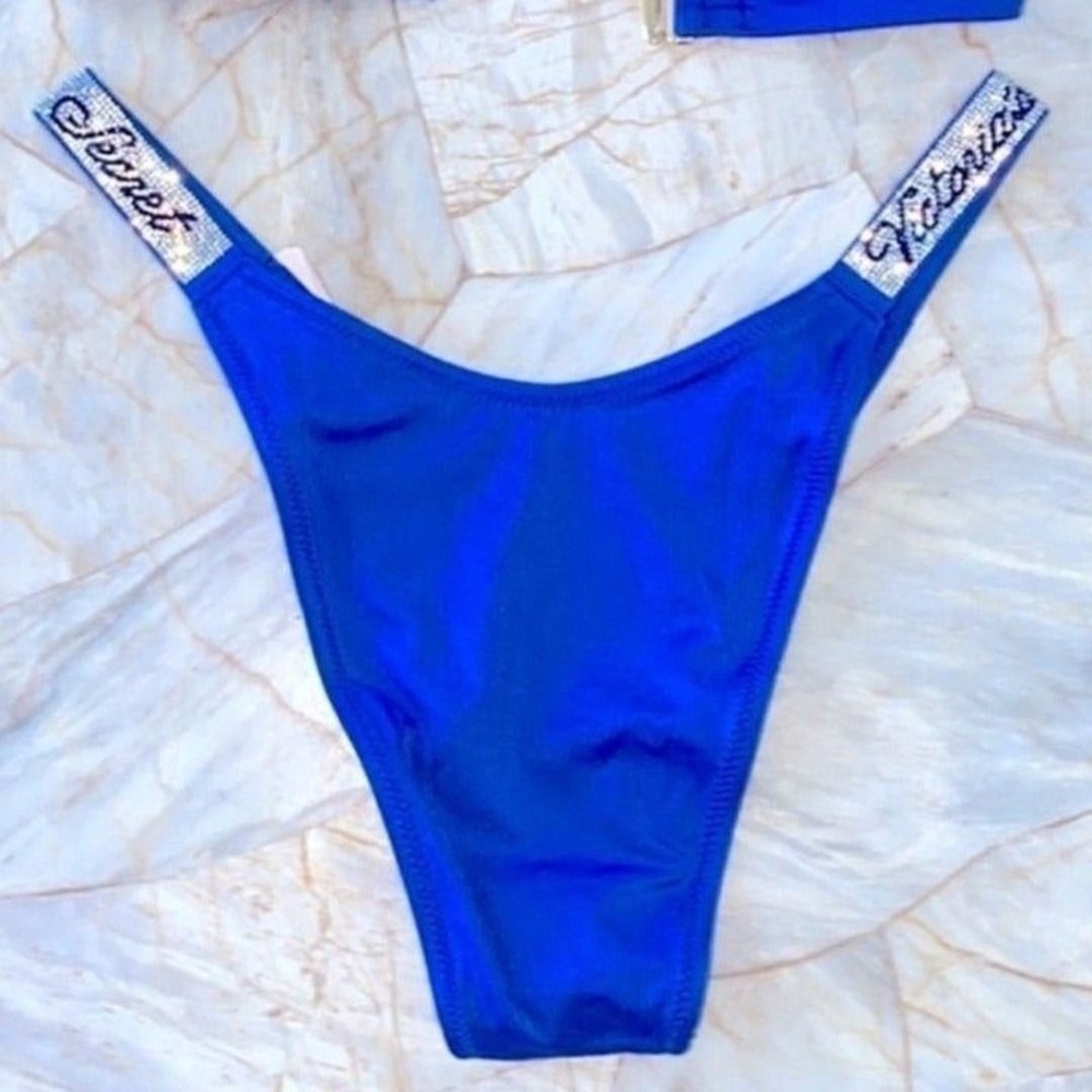 XSmall Victorias Secret Swim BOMBSHELL BIKINI BOTTOM Silver Shine Strap Blue - Picture 5 of 6